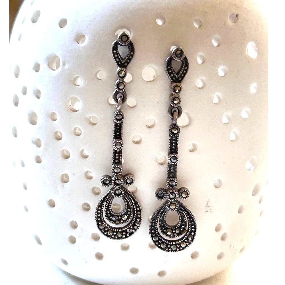 Vintage Sterling Silver Art Deco Style Marcasite Drop Earrings